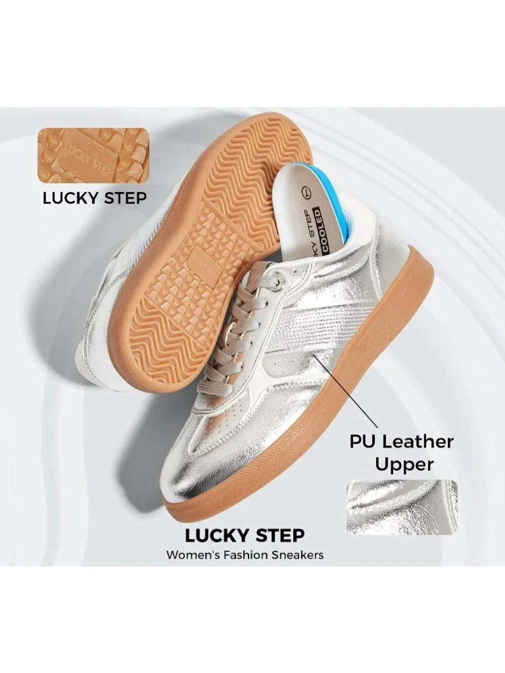 Women's Silver Faux Leather Comfortable Trendy Casual Retro Skate Sneakers